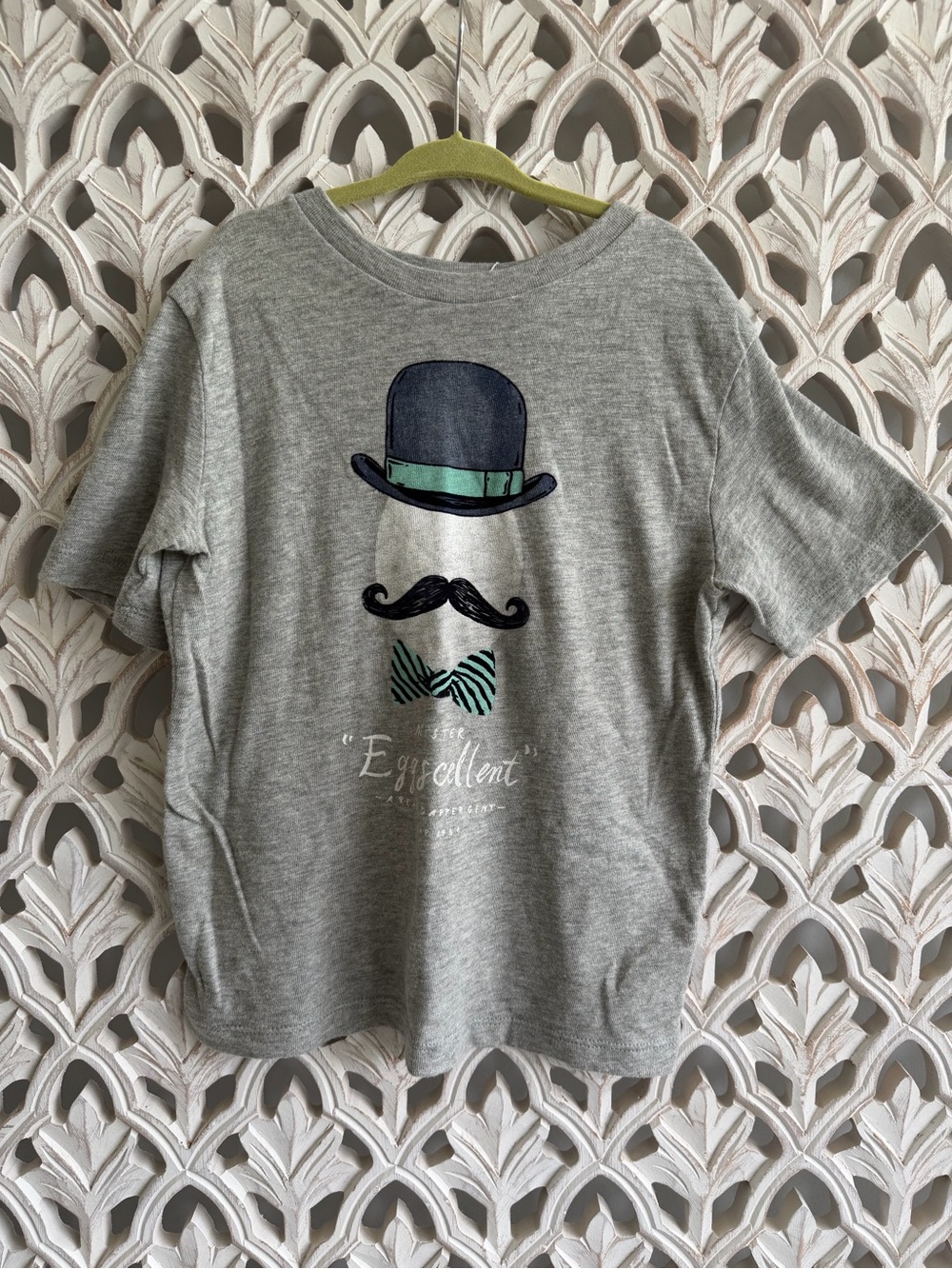 GAP Grey Tee with Egg, Hat, Mustache & Green Bow Tie Graphic